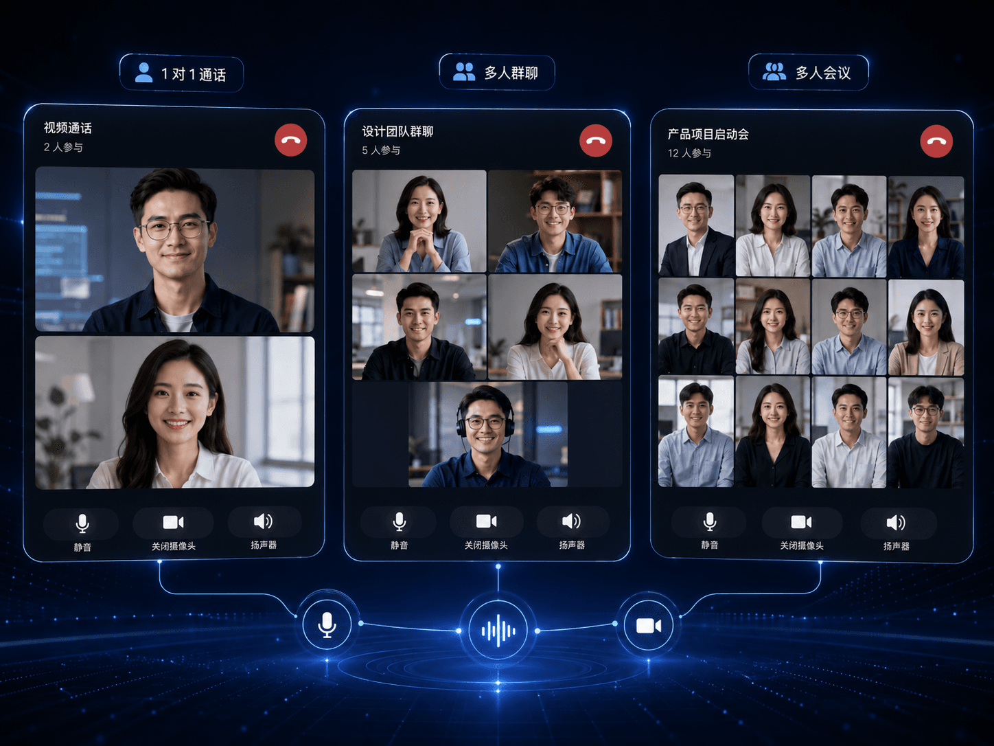 OpenIM 一对一视频通话、多人群聊和多人视频会议界面