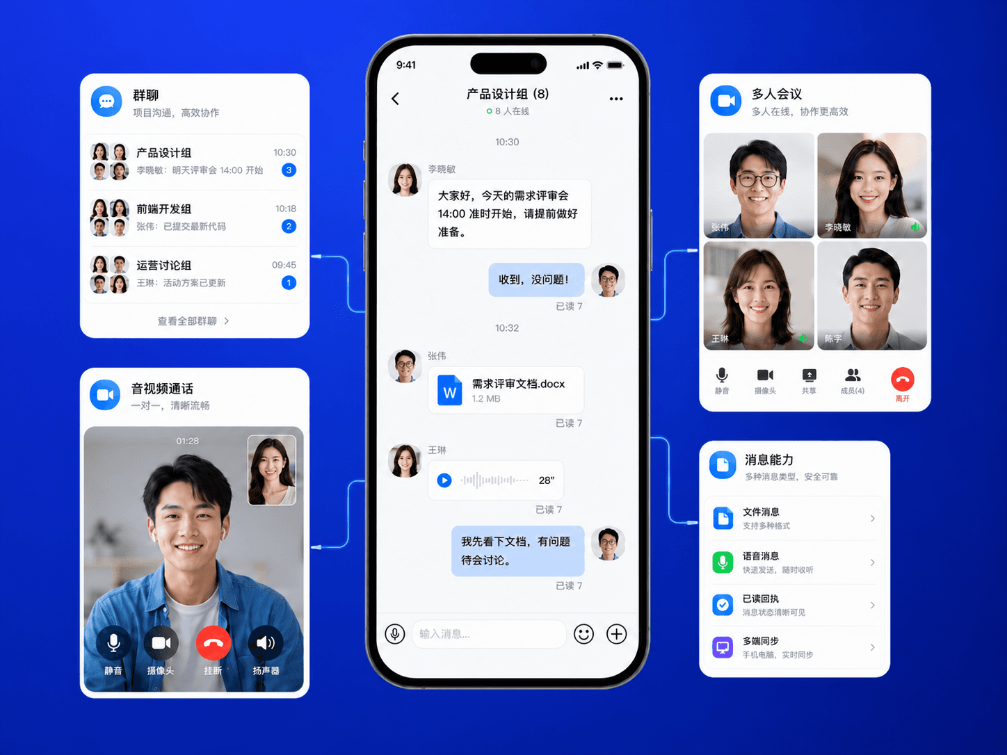 OpenIM 群聊、音视频通话、多人会议与消息能力产品界面