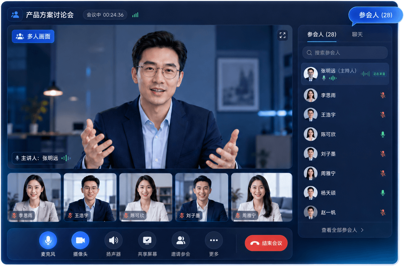 OpenIM 多人视频会议主画面、参会人列表与会议控制栏